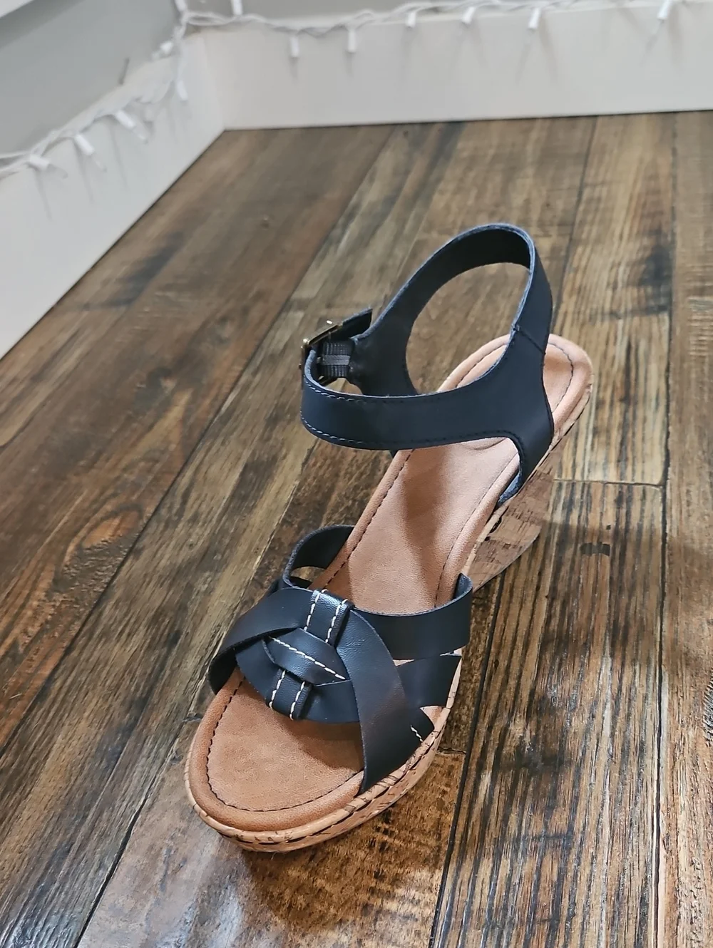 b.o.c Black‎ Leather Women's Cork Wedge Sandals - Ankle Strap Slingback